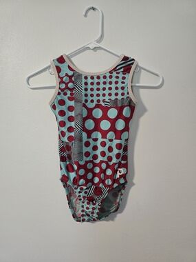 Plum Gymnastics or Dance Leotard Child Large Blue & Red Pattern Polka Dots